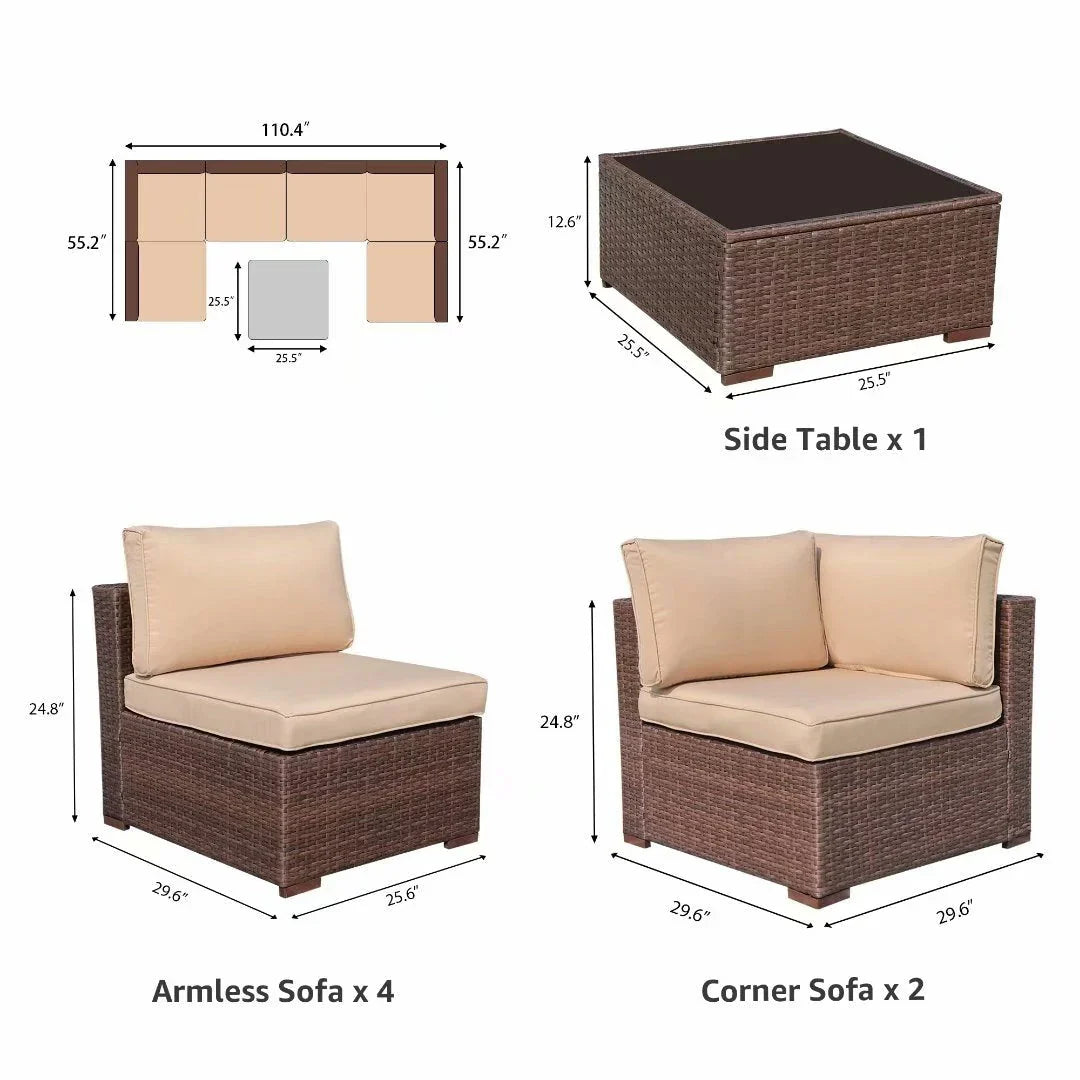 7-teiliges Outdoor-Sitzgruppen-Set aus Korbgeflecht und Stahl mit Polsterung