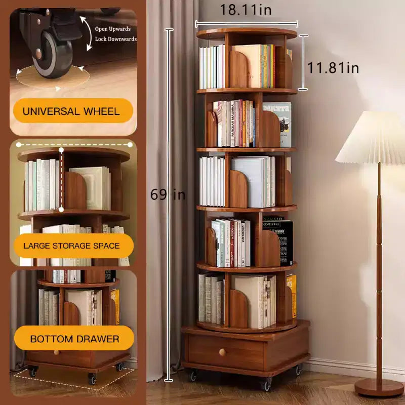 Libreria angolare Chic Crate a 6 ripiani con rotazione a 360° e ruote, libreria stretta per piccoli spazi, marrone noce