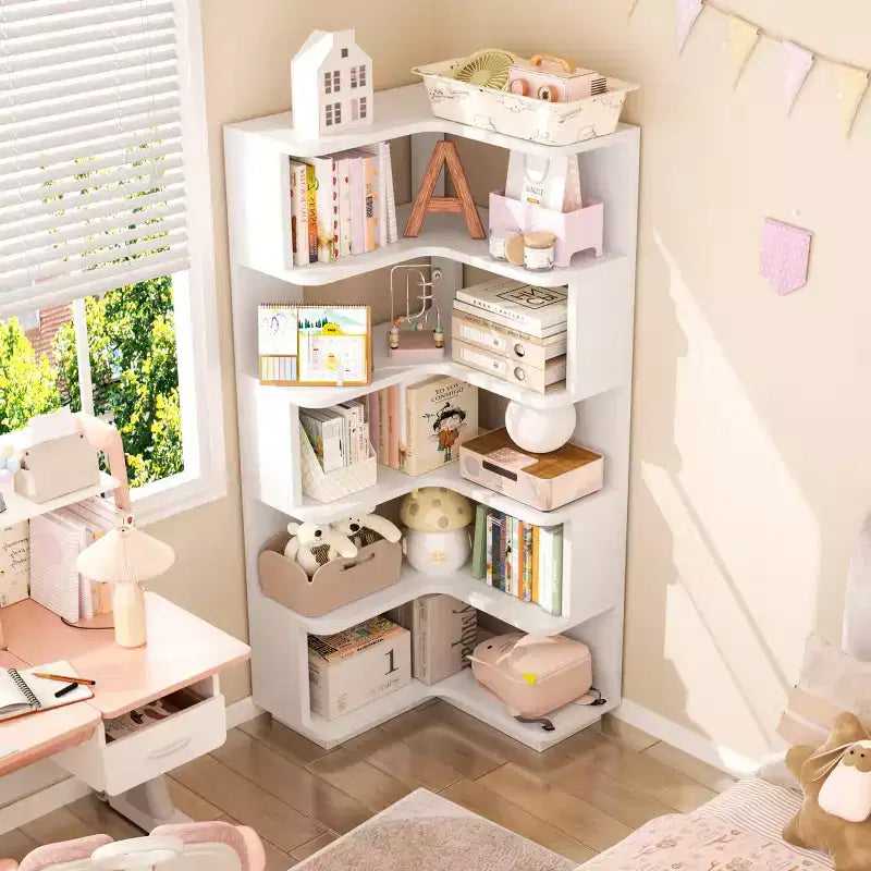 6-tier Corner Bookshelf, Space-saving Display Shelving Unit