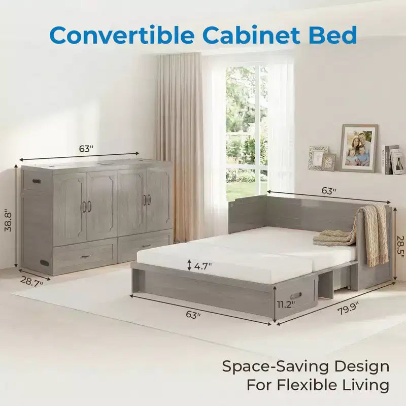 Mjkone Queen Size Convertible Murphy Cabinet Bed with USB Charging, Storage Drawers,No Mattress Included