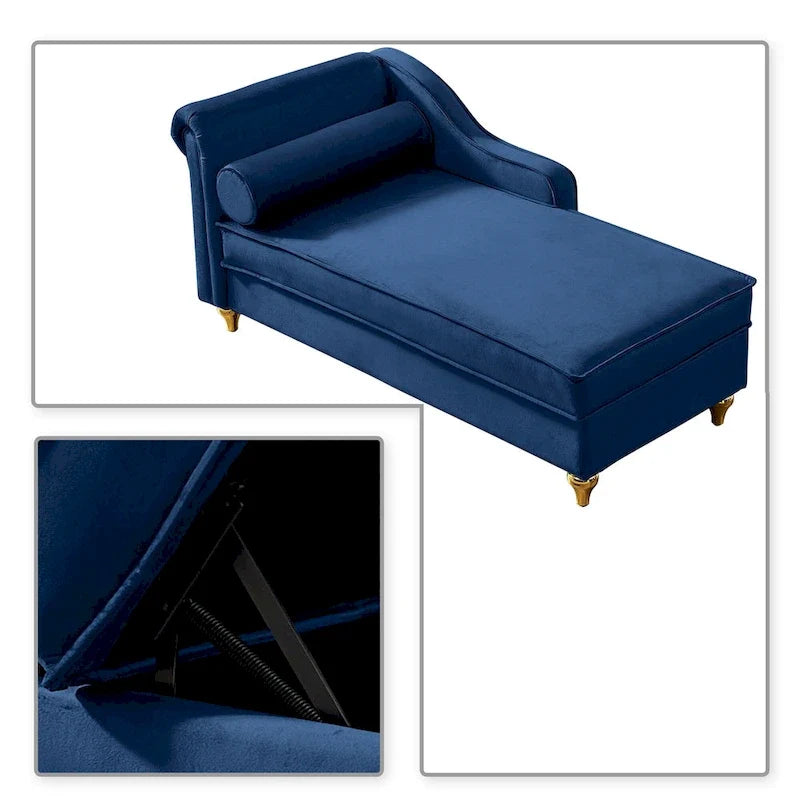 French Elegant Velvet Upholstered Storage Chaise Lounge Chair with a Pillow