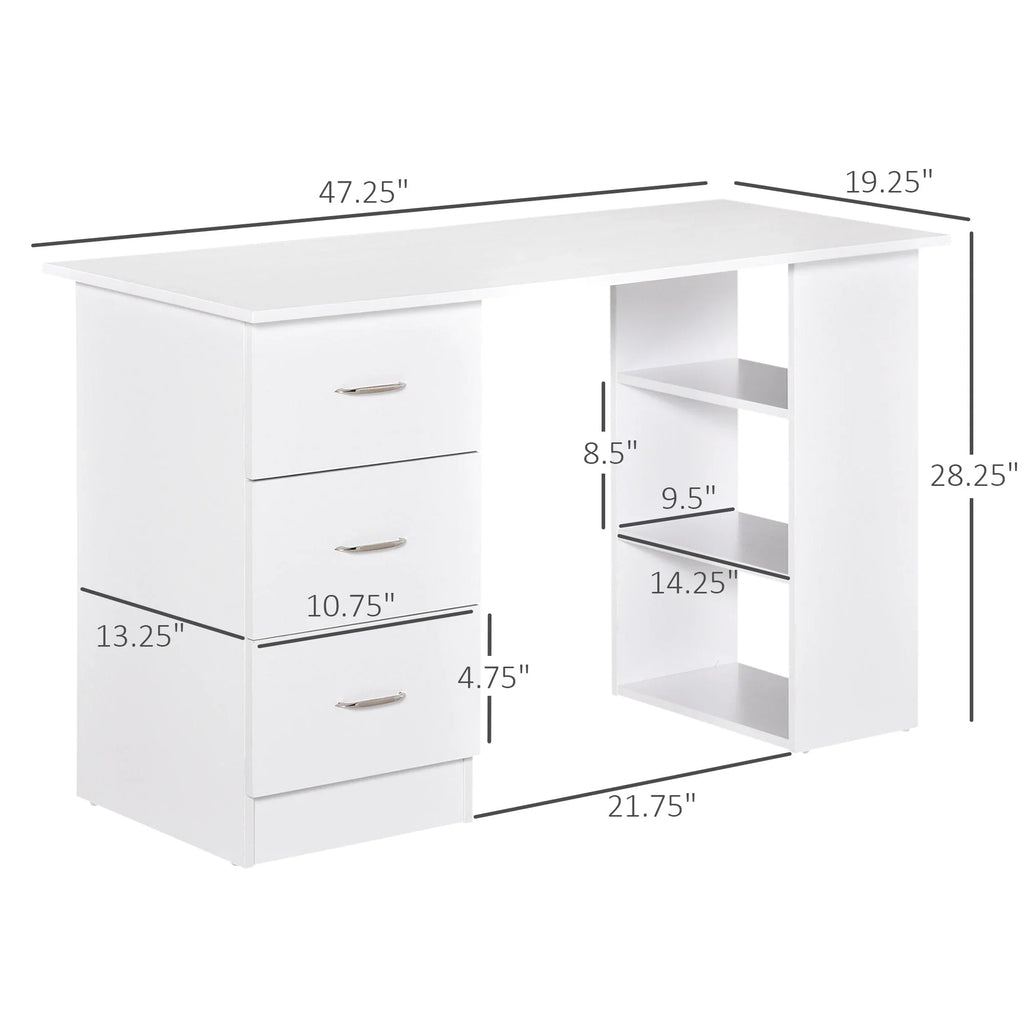 Scrivania HOMCOM 47 con libreria, moderna, per home office, tavolo da scrittura e postazione di lavoro con 3 cassetti e ripiano contenitore - bianca