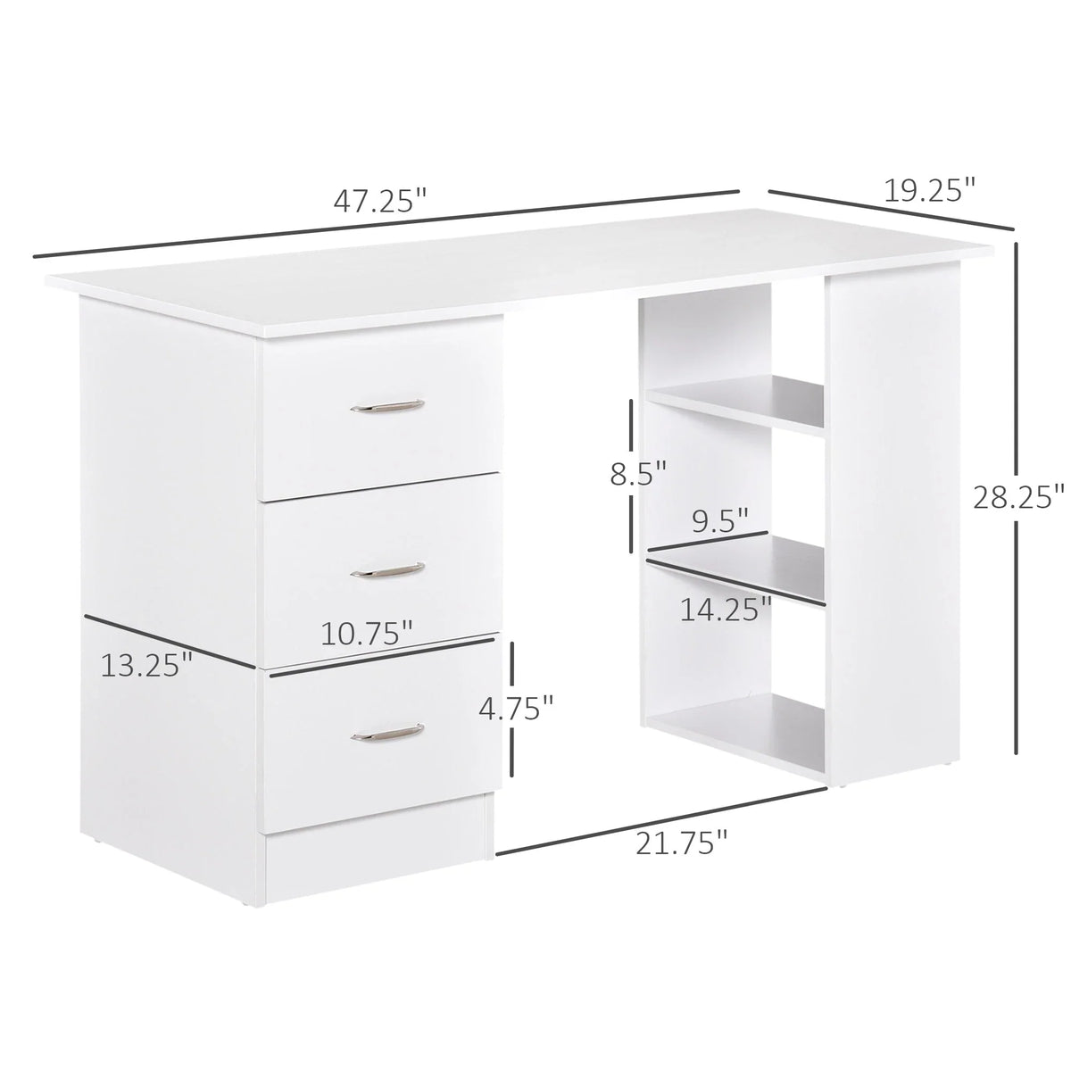 Scrivania HOMCOM 47 con libreria, moderna, per home office, tavolo da scrittura e postazione di lavoro con 3 cassetti e ripiano contenitore - bianca