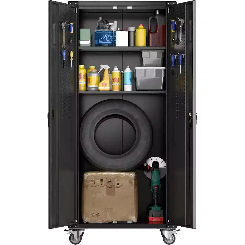 Garage Storage Cabinet with Wheels & Pegboard, 72 H Locking Metal Storage Cabinet with 2 Doors & 4 Adjustable Shelves for Garage Workshop