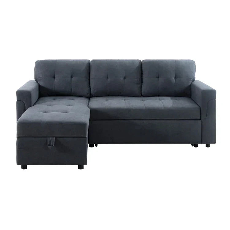 Divano componibile reversibile trasformabile con letto estraibile, chaise longue con contenitore nascosto e gambe resistenti
