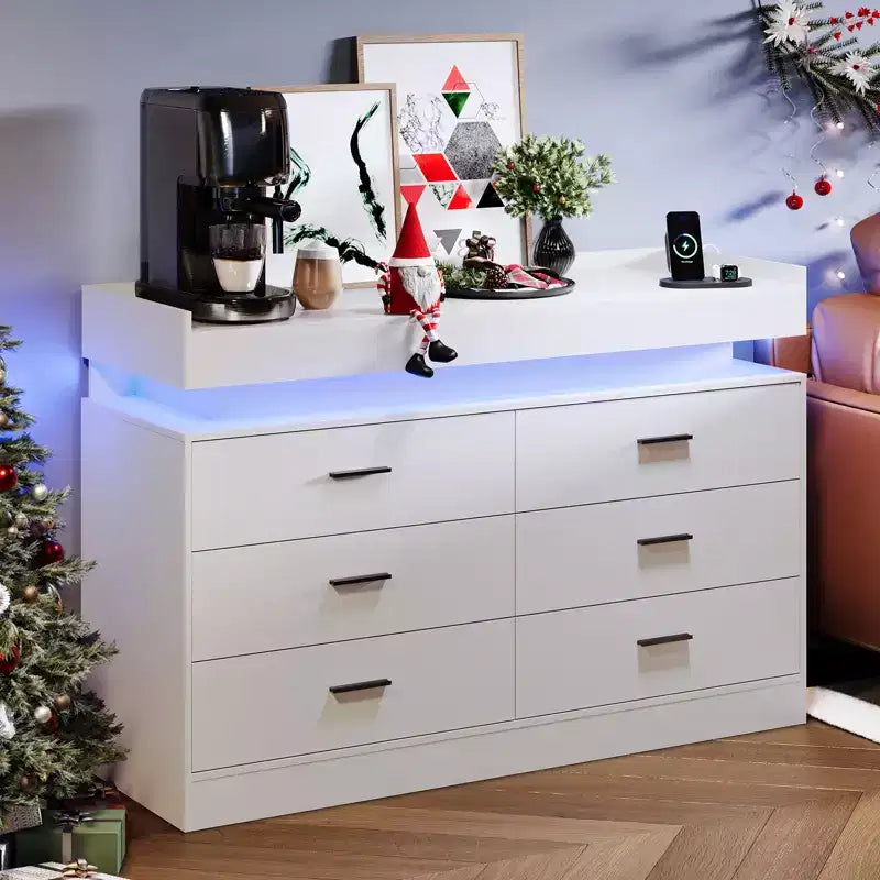 Meuble TV moderne avec 6 tiroirs et éclairage LED, comptoir flottant faisant office de bar à café pour centre de divertissement du salon