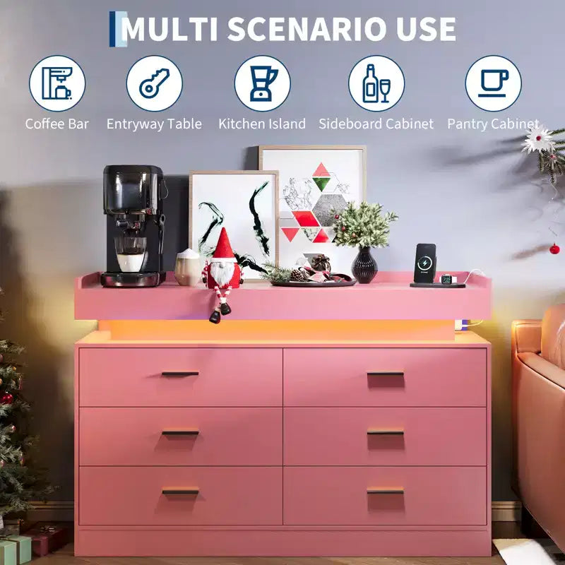 Meuble TV moderne avec 6 tiroirs et éclairage LED, comptoir flottant faisant office de bar à café pour centre de divertissement du salon