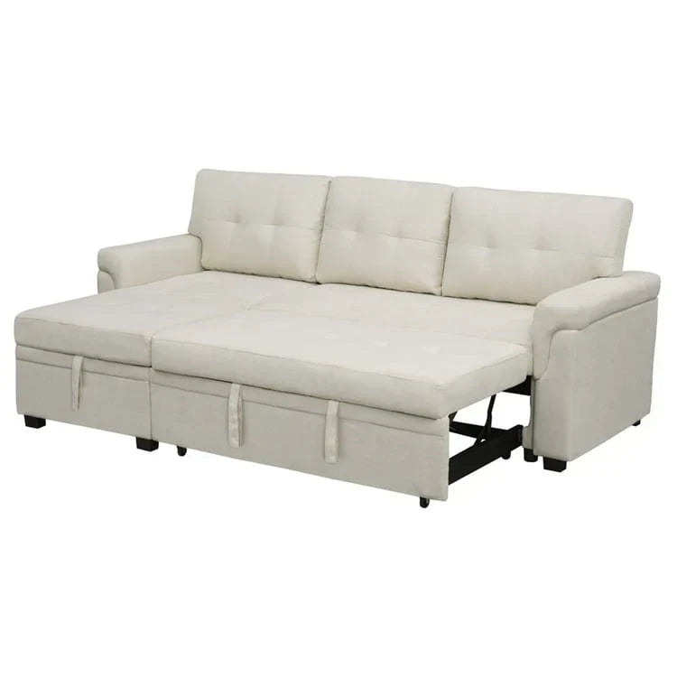 Divano componibile reversibile trasformabile con letto estraibile, chaise longue con contenitore nascosto e gambe resistenti