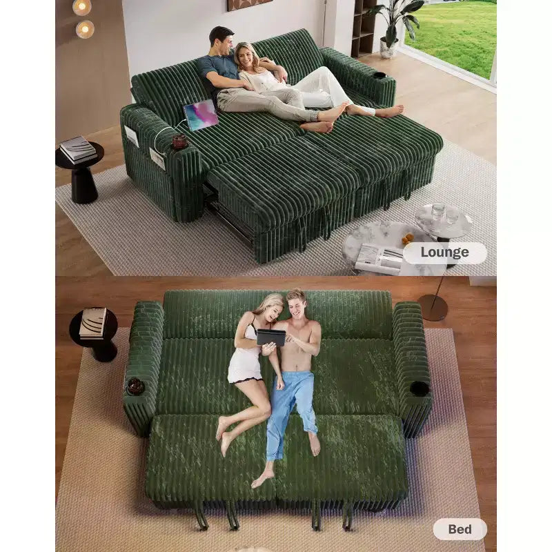 Dyonery 91-delige slaapbank met chaise longue en uitschuifbaar bed, verstelbare rugleuning/twee uitschuifbare bedden/USB-poorten/bekerhouders, zacht corduroy