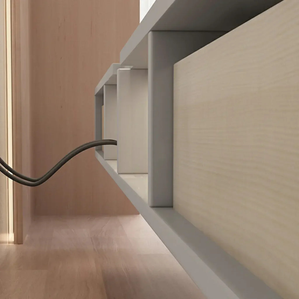Meuble TV suspendu contemporain, long et blanc, en bois, avec tiroirs