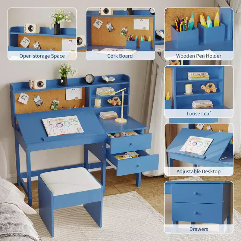 Bureau- en stoelset voor kinderen, houten studeertafel met verstelbaar gekanteld bureaublad, laden en prikbord - school- en leerbureau voor kinderen