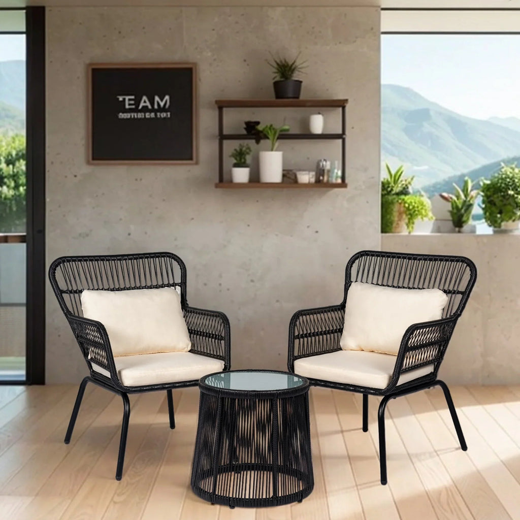 3 Piece Outdoor Wicker Conversation Bistro Set, All-Weather Rattan Furniture Patio Chairs Set with Cushions