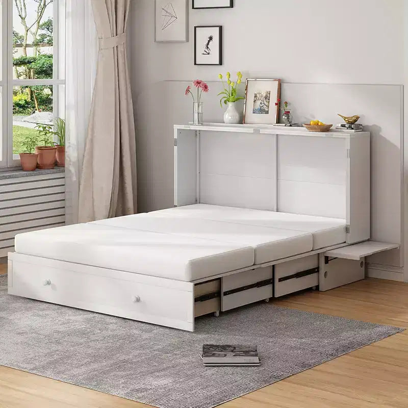 Cama abatible Mjkone tamaño queen, cama tipo armario cúbico con estación de carga y espacio de almacenamiento