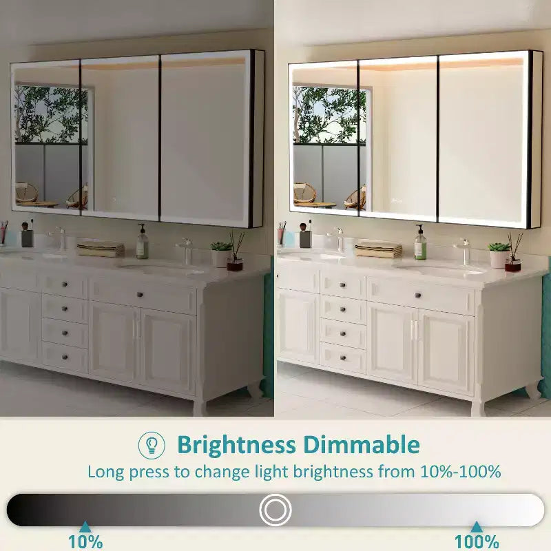 Bathroom Medicine Cabinet with LED Mirror, Surface or Recessed Mount, Dimmable Light, Anti-Fog, Adjustable Shelving