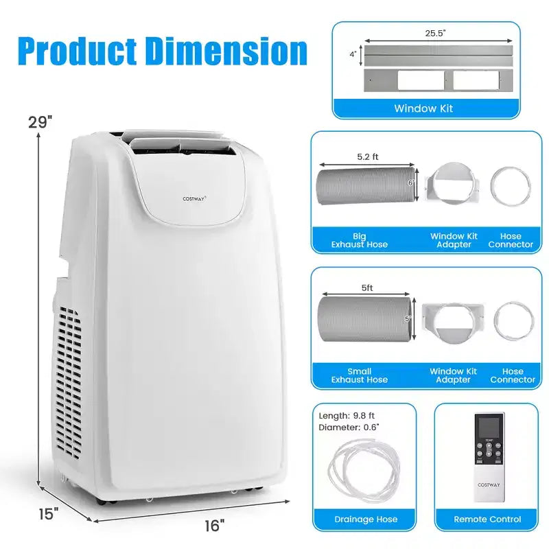 Climatiseur portable Costway 8000 BTU (11 500 BTU ASHRAE) à double tuyau, unité de climatisation 3-en-1 avec télécommande