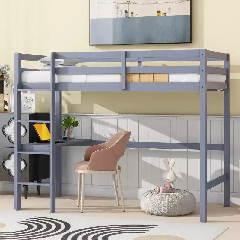 Okak Minimalism Loft Bed with Ladder, Rubber Wood Twin Loft Bed with Safety Guardrail and Build-In Desk, Bed Frames for Kids, Teenagers