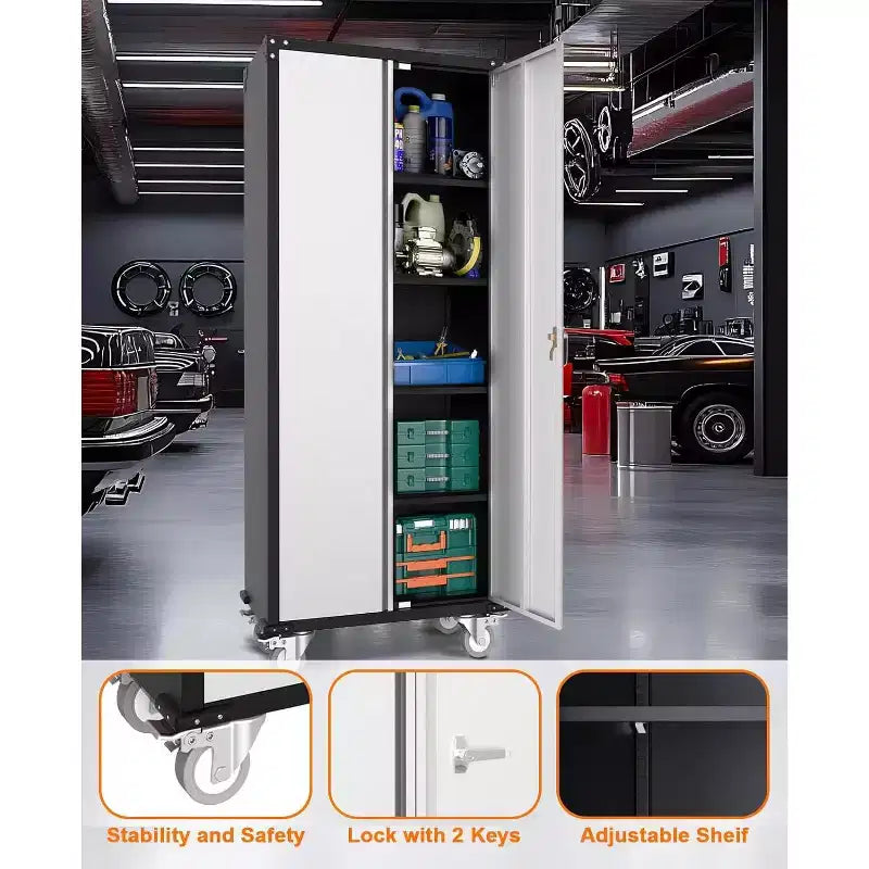 Garage Storage Cabinet with Wheels & Pegboard, 72 H Locking Metal Storage Cabinet with 2 Doors & 4 Adjustable Shelves for Garage Workshop