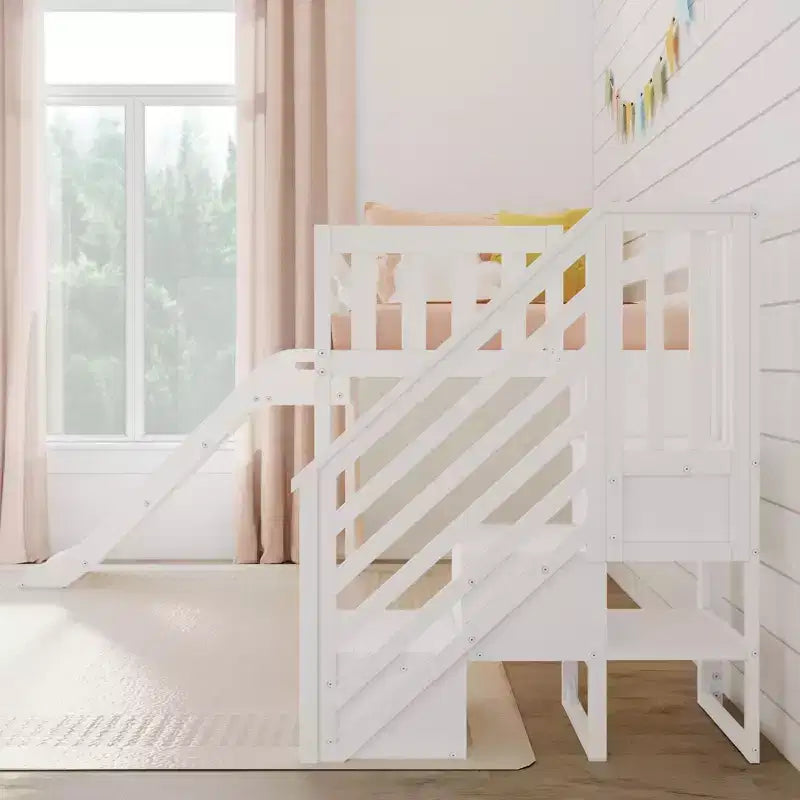 Letto basso rialzato singolo per bambini con scivolo e scaletta, in legno massello, 14 sponde di sicurezza, portata di 400 lb