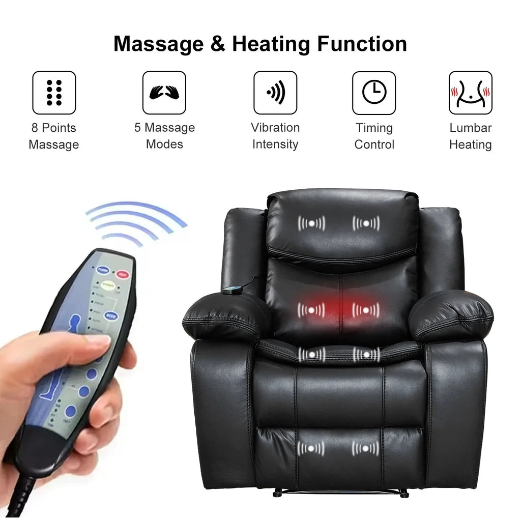Fauteuil inclinable de massage et chauffant en cuir durable à assise large