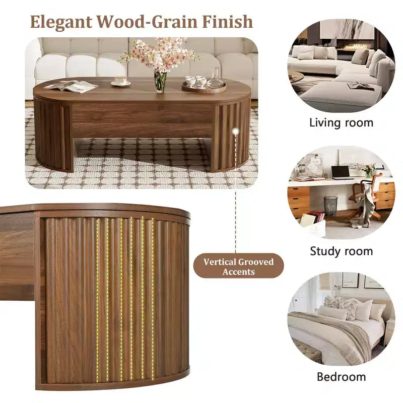 47.2 Lift Top Coffee Table with Hidden Compartment, Oval, Brown