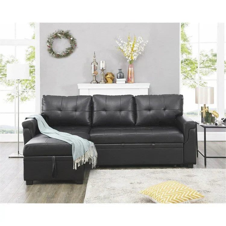 Divano componibile reversibile trasformabile con letto estraibile, chaise longue con contenitore nascosto e gambe resistenti