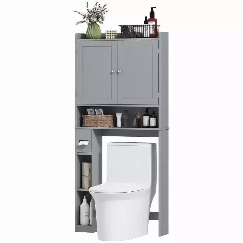 HOMCOM Over the Toilet Storage Cabinet, Modern Above Toilet Bathroom Organizer with 2 Doors, Toilet Paper Holder, Freestanding Space Saver