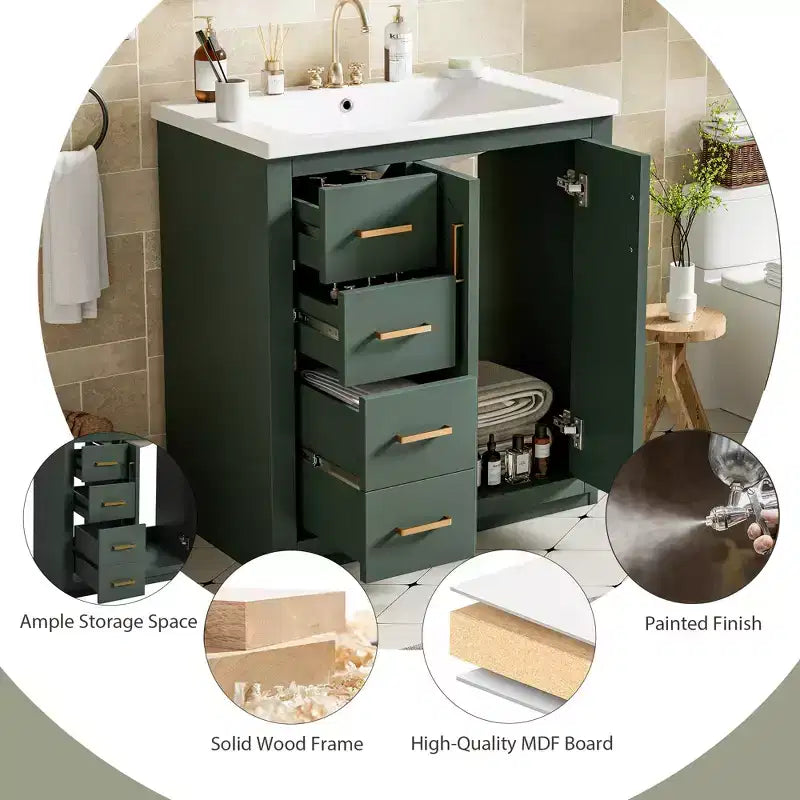30 Single Sink Bathroom Vanity with Cabinet & 3 Drawers 鈥?Black / Blue / Green / Indigo / White