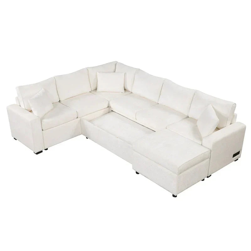 Chenille Sectional Sofa Pull-out Sofa Bed, L-Shape Sleeper Sofa with Storage Ottoman, 3 Pillows and Charging Devices