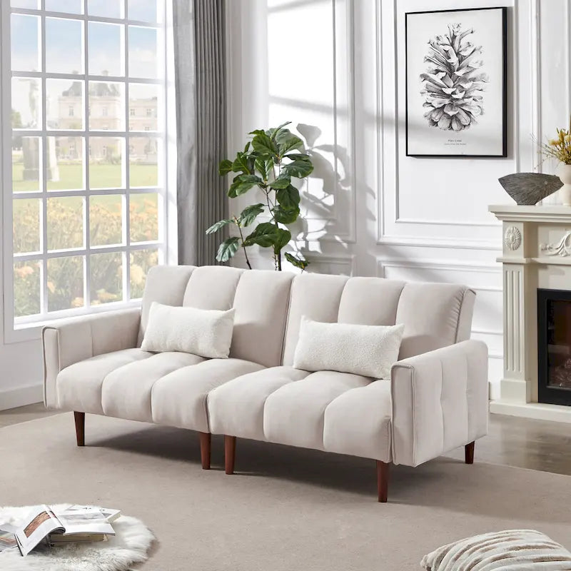 Convertible Futon Sofa Bed with Adjustable Positions and Wooden Legs