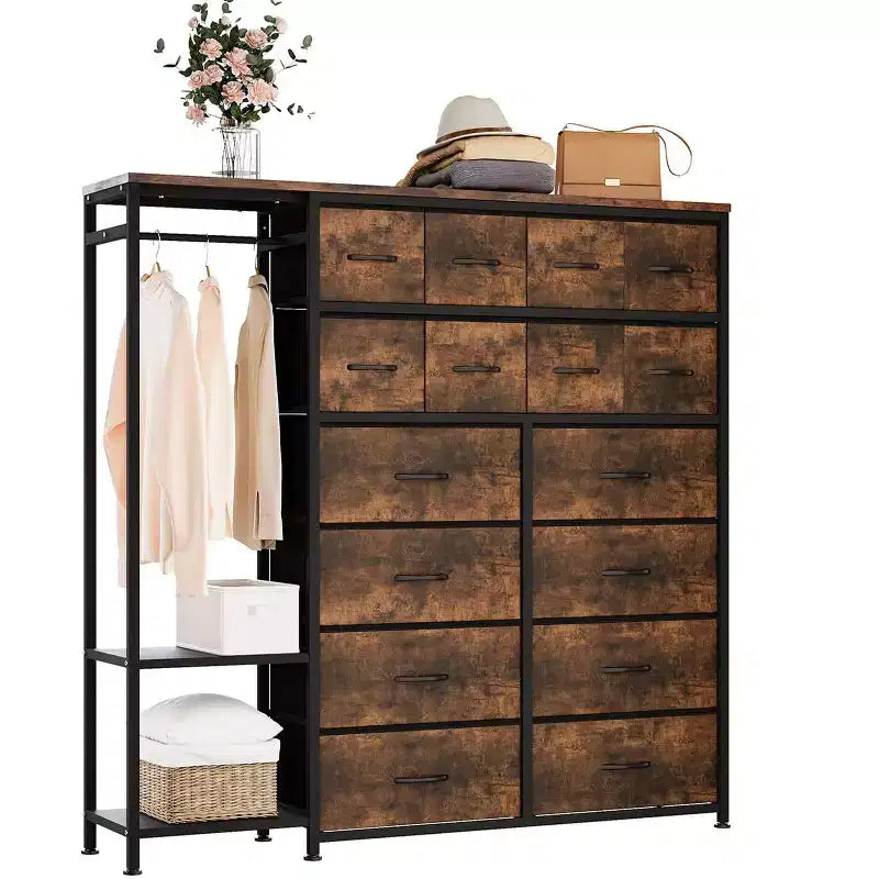 Dresser with 16 Drawers & Hanging Rod & Shelves, Fabric Storage Organizer for Bedroom, Closet, or Entryway