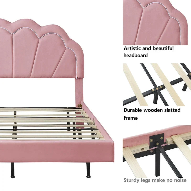 2-teiliges Schlafzimmer-Set: LED-Polsterbett in voller Größe mit Stauraumhocker