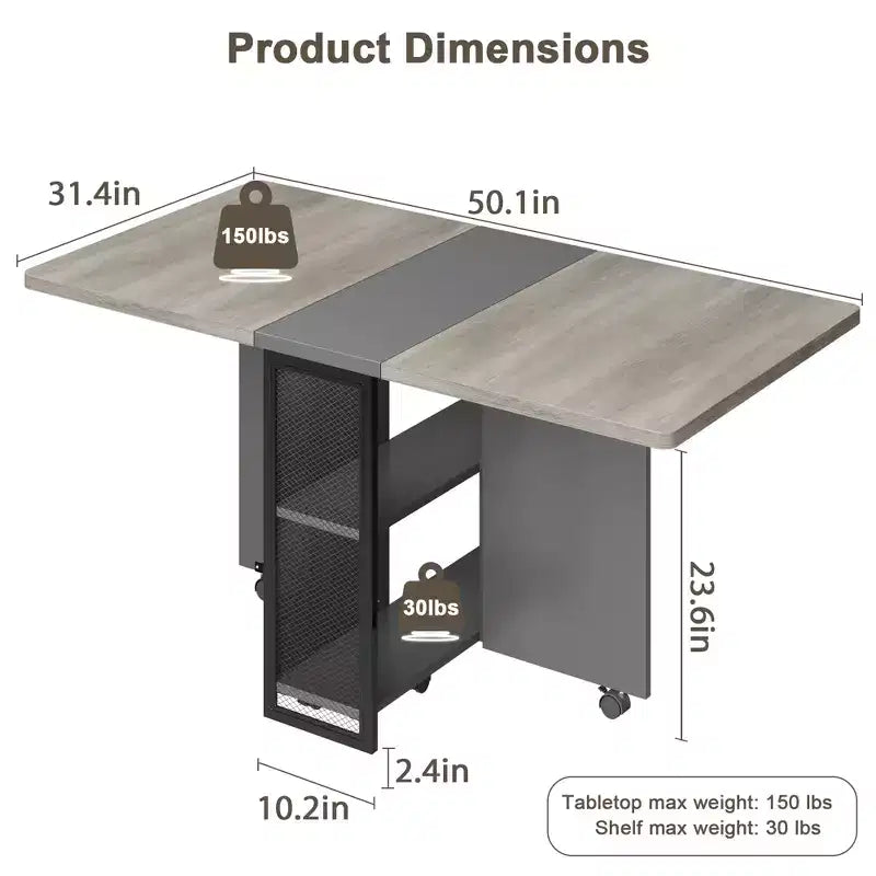 Inklapbare eettafel voor de keuken, ruimtebesparende eettafel, uitschuifbare keukentafel met neerklapbaar blad en 6 wielen voor kleine ruimtes