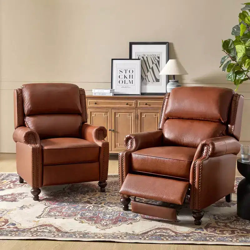 Set aus 2 modernen Elisabete-Sesseln mit hoher Rückenlehne aus echtem Leder und Vintage-Nagelkopfbesatz für Wohnzimmer und Schlafzimmer| ART OF LIVING DESIGNS