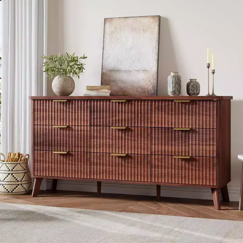 9 Drawers Fluted Dresser, Modern Chest, Wooden Dresser TV Stand, Curved Profile Design, for Living Room, Hallway