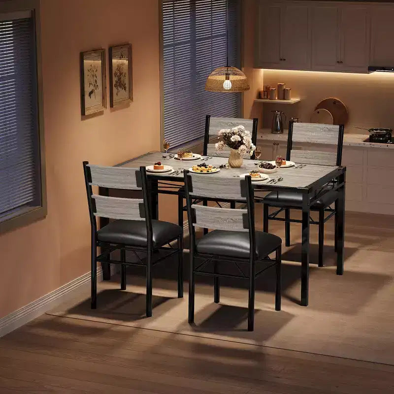 Eettafelset voor 4 personen met 4 gestoffeerde stoelen, houten keukeneettafelset van 5 delen met hoekbescherming voor keuken, appartement en kleine ruimtes