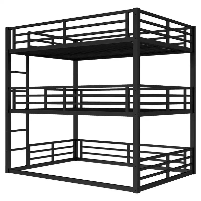 Full over Full over Full Bunk Bed, Metal Triple Bunk Bed with Safety Guardrails, Heavy-duty Bunk Bed with Noise-reduced Design, Black