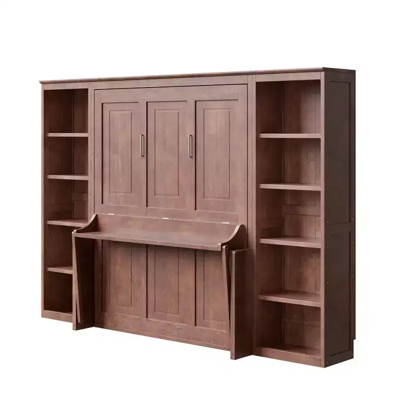 Letto a scomparsa Murphy matrimoniale/queen salvaspazio con scrivania e libreria, marrone scuro - ModernLuxe