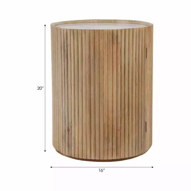 Tavolino laterale decorativo in legno scanalato con piano in marmo e contenitore - piccolo tavolino decorativo per camera da letto o soggiorno