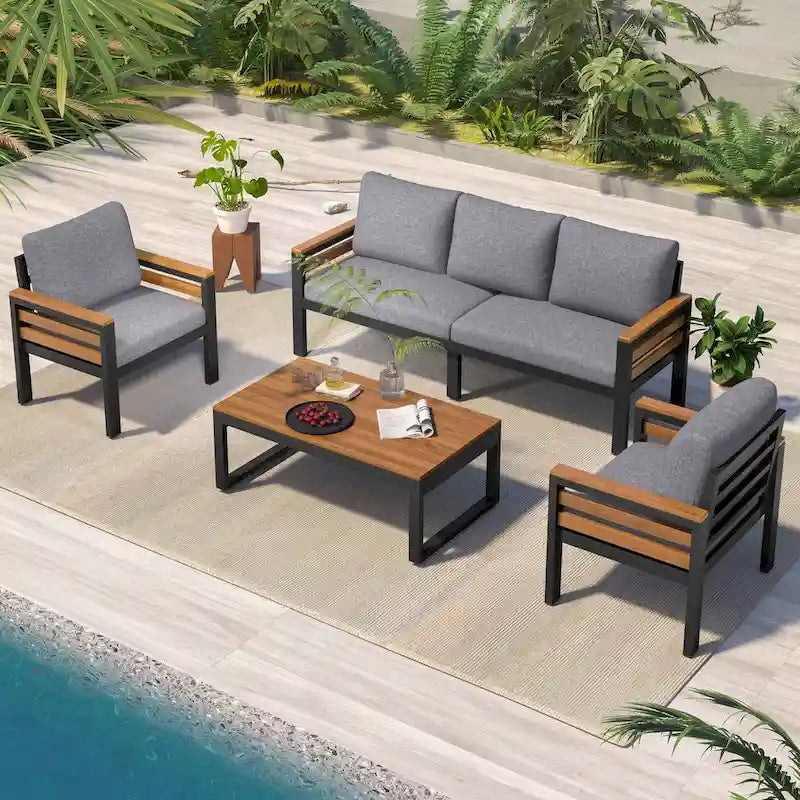 4-Piece Outdoor Sofa Set for 5 with Solid Wood Coffee Table and Removable Cushions