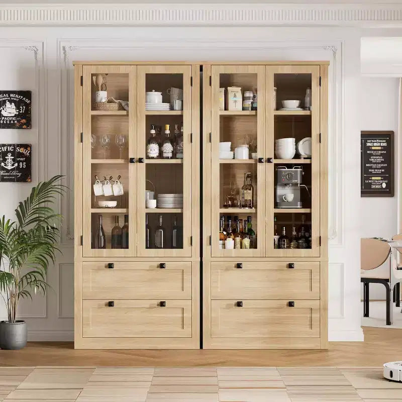 Farmhouse Kitchen Pantry Cabinet with Glass Doors, 72in Storage Cupboard with Drawers and Adjustable Shelves for Dining Room Bathroom Living Room
