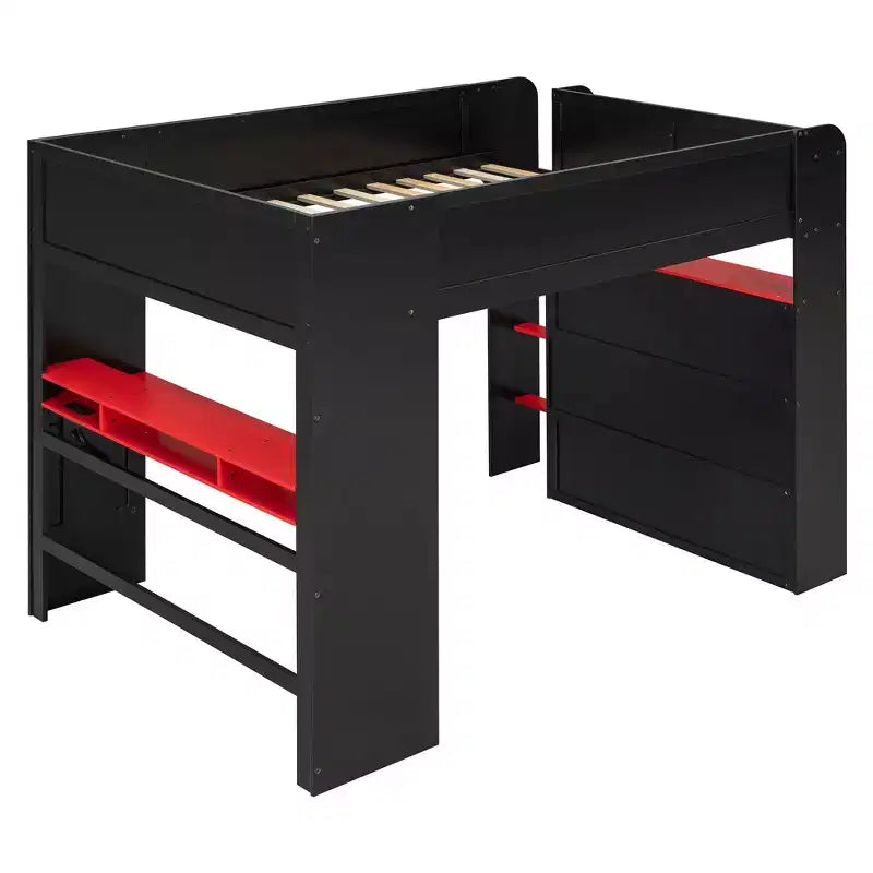 Letto a soppalco Luxystar matrimoniale con scrivania regolabile illuminata, guardaroba aperto e libreria