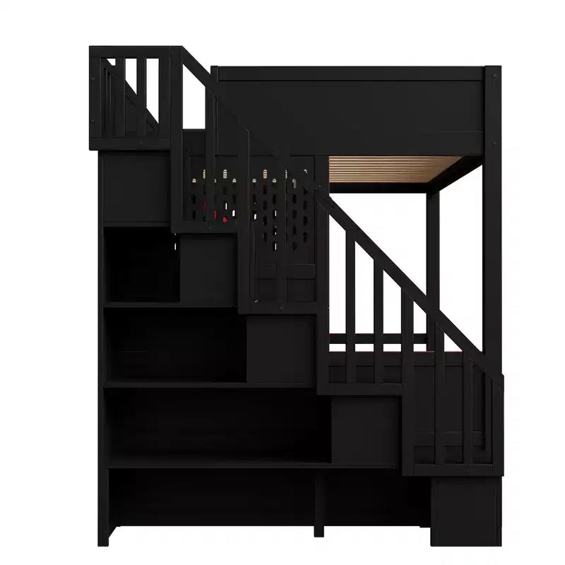 Gaming-Hochbett in Full-Größe mit Schreibtisch und LED-Beleuchtung, hölzernes Hochbett mit Treppe, Stauraumtreppe und USB-Anschluss, Rot+Schwarz