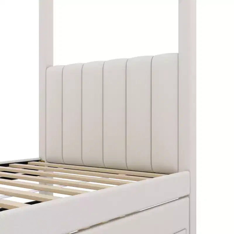 Letto a piattaforma a baldacchino matrimoniale con rivestimento in lino, letto estraibile e tre cassetti contenitori