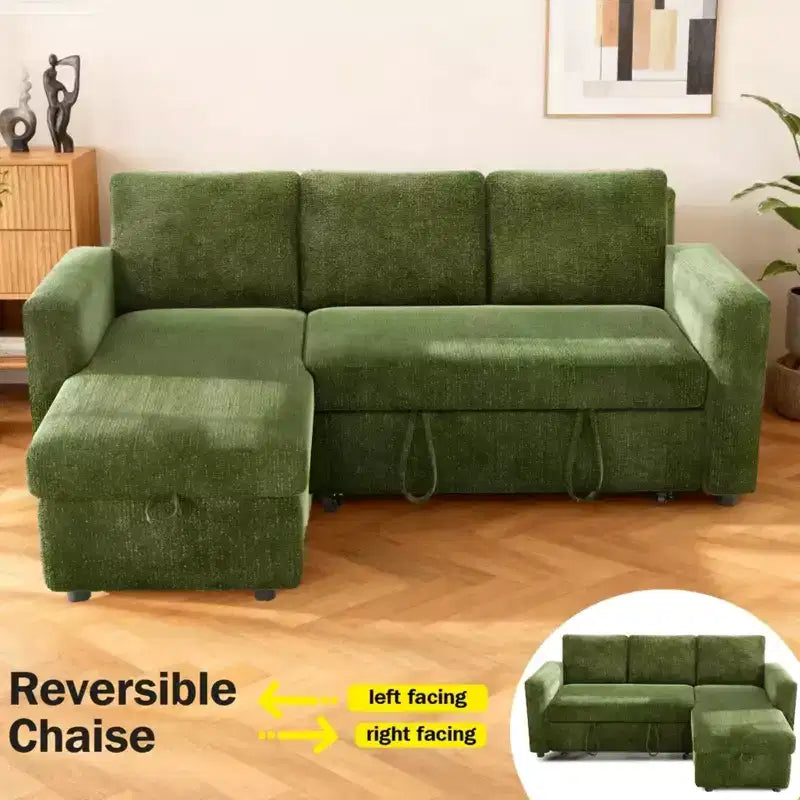 2-in-1-Ausziehsofa mit Stauraum und Ottomane, Chenille-Ecksofa mit USB-Anschlüssen für das Wohnzimmer