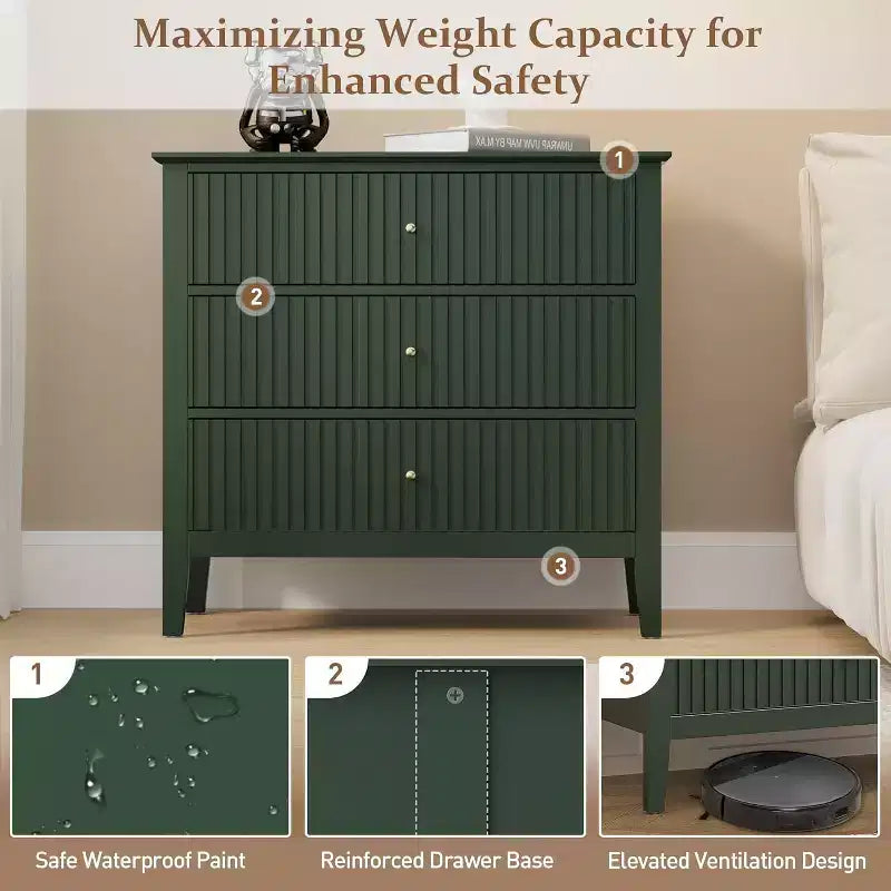 Heynemo 3 Drawer Dresser, Painted 30 Inch Tall Wood Nightstand with Storage, Wide Modern Chest of Drawers with Ball Bearing Slide