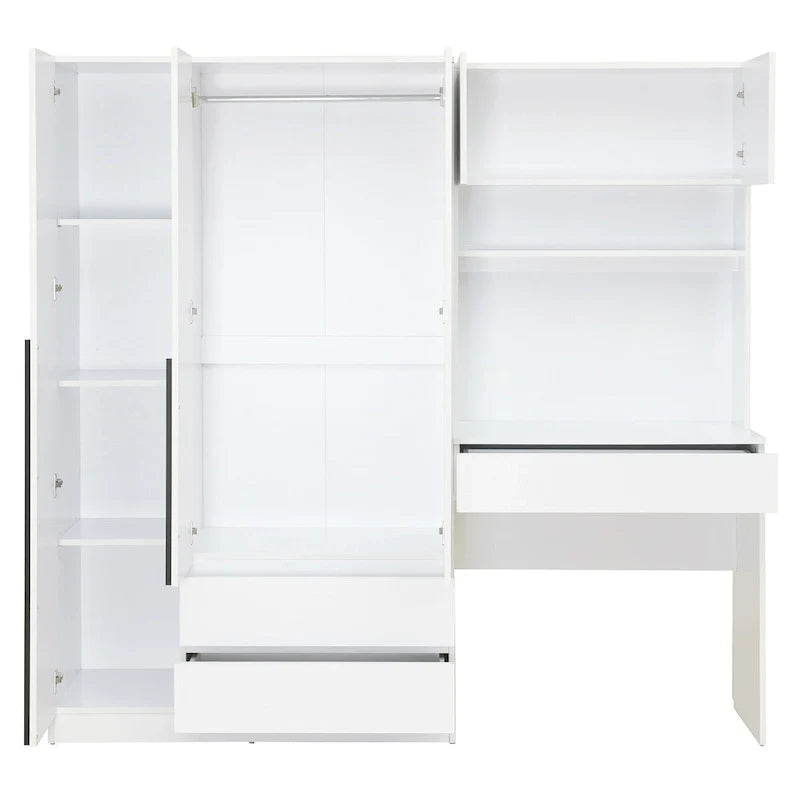 3-in-1 Wardrobe Closet with Vanity Desk, Desk Set, Bedroom Armoire with 2 Drawers 3-Door Storage Desk Wardrobe