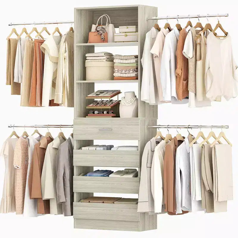 Besiost houten kastorganisatiesysteem van 1,2–2,7 m met 4 laden, 4 hangroeden en open kastelementen