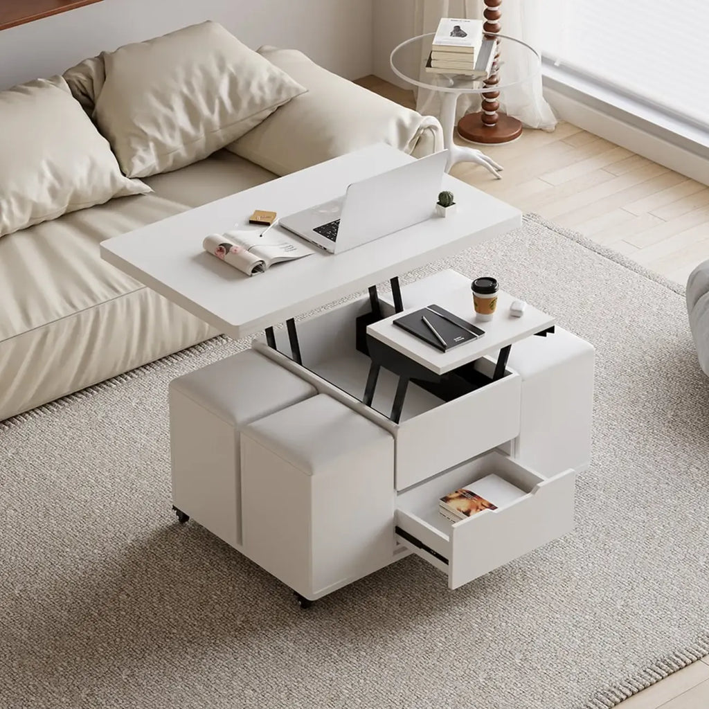 Klappbarer Couchtisch mit Hubfunktion, 4 Hockern und Stauraum