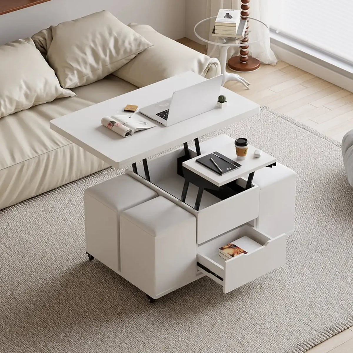 Klappbarer Couchtisch mit Hubfunktion, 4 Hockern und Stauraum
