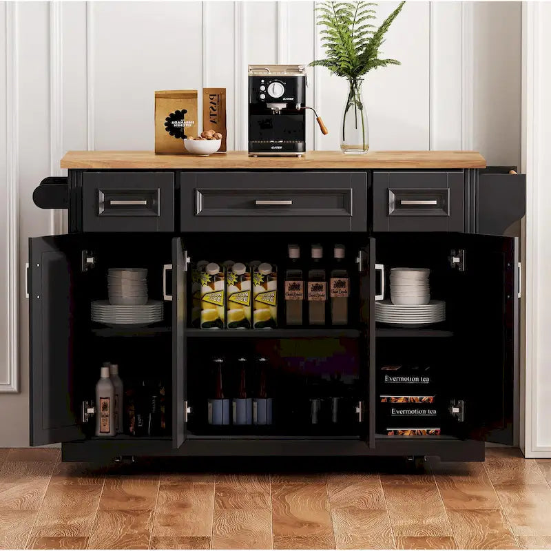 54  Large Kitchen Island with Rubber Wood Drop Leaf, Embossed Texture Rolling Kitchen Cart on 4 Wheels with 4 Doors & 3 Drawers